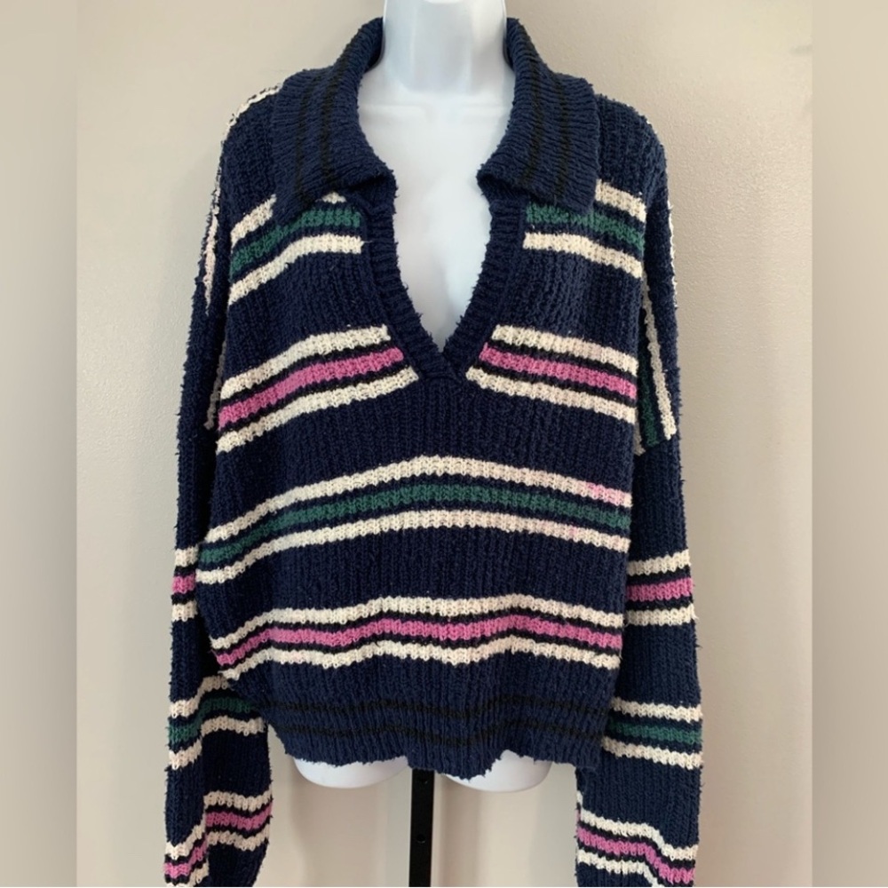 Free People Multicolor oversized Striped V-Neck Sweater size XL